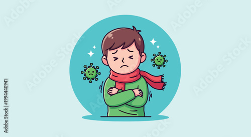 Sad young boy feeling sick with cold and virus infection illustration.