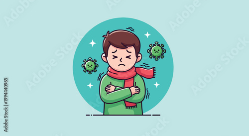 Sick Boy Shivering with Red Scarf and Virus Icons Illustration.