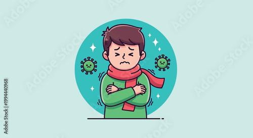 Sick little boy shivering with cold or flu cartoon illustration.