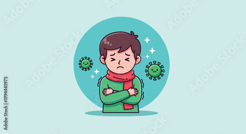 Sick Boy Shivering with Fever and Cold Surrounded by Virus Particles Illustration.