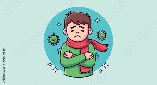 Sick Little Boy Shivering with Fever and Cold Symptoms Cartoon Illustration.