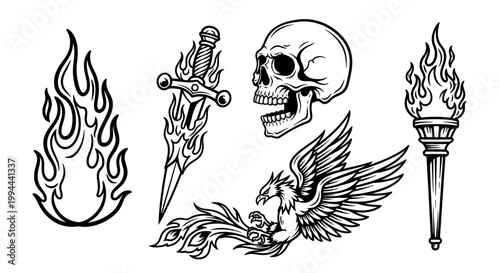 Black and white vector illustrations of fire flames skull sword and phoenix