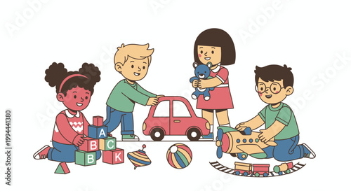 Children playing with toys isolated on white background flat illustration