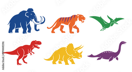 Colorful silhouette collection of prehistoric animals on white background