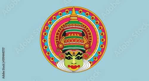 Traditional Indian Kathakali dancer mask with vibrant colors and intricate design for cultural performance or festival