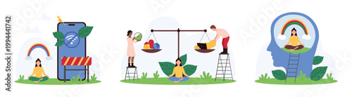 Stress management for wellbeing, life work balance set. Tiny people choose zen meditation on rainbow and freedom of digital detox, weigh career and heart icons on scales cartoon vector illustration