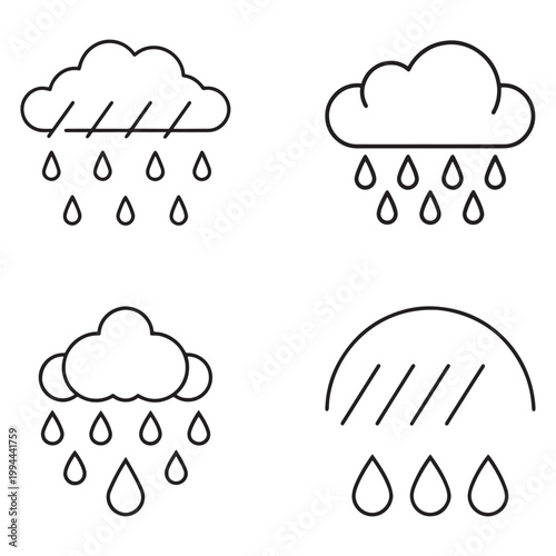 Weather icons with clouds and raindrops for rain and storm forecasts  simple line style illustrations