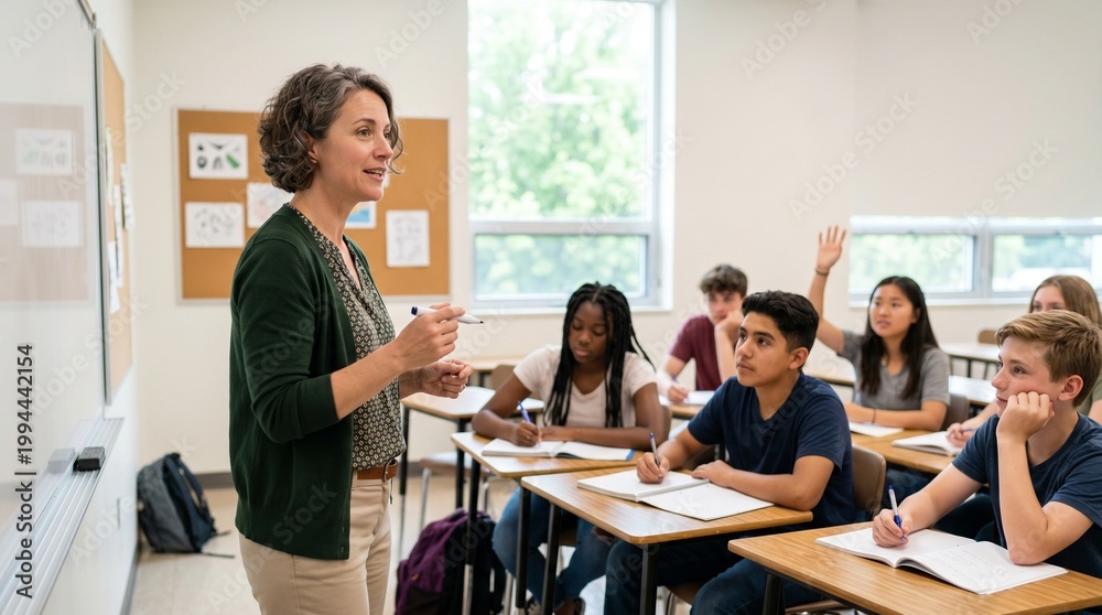 Fototapeta premium Professional female teacher explaining lesson to diverse group of high school students in classroom. Education, learning, and academic mentorship concept. Interactive school class.
