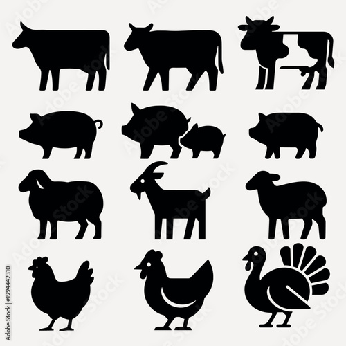 Silhouettes of various farm animals vector set