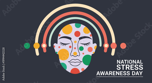 Illustration of a woman's face with colorful dots and rainbow lines representing national stress awareness