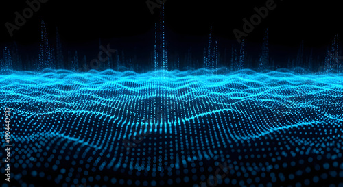 Glowing blue waves ripple through a digital landscape of small dots and lights.