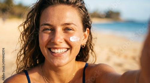 Close up of beautiful woman with sunscreen on cheek smiling at beach. Professional sun skin protection campaign. Young female with freckles enjoying summer sun. Skincare and beauty concept.