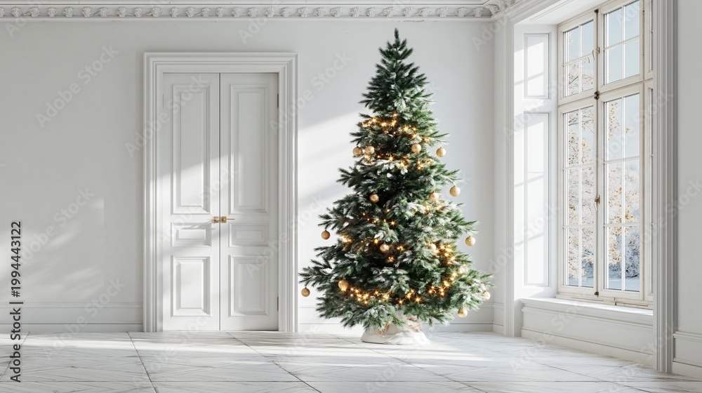 Fototapeta premium Elegant Christmas tree with golden lights in bright white living room interior, classic doors and large window, festive holiday background with copy space.