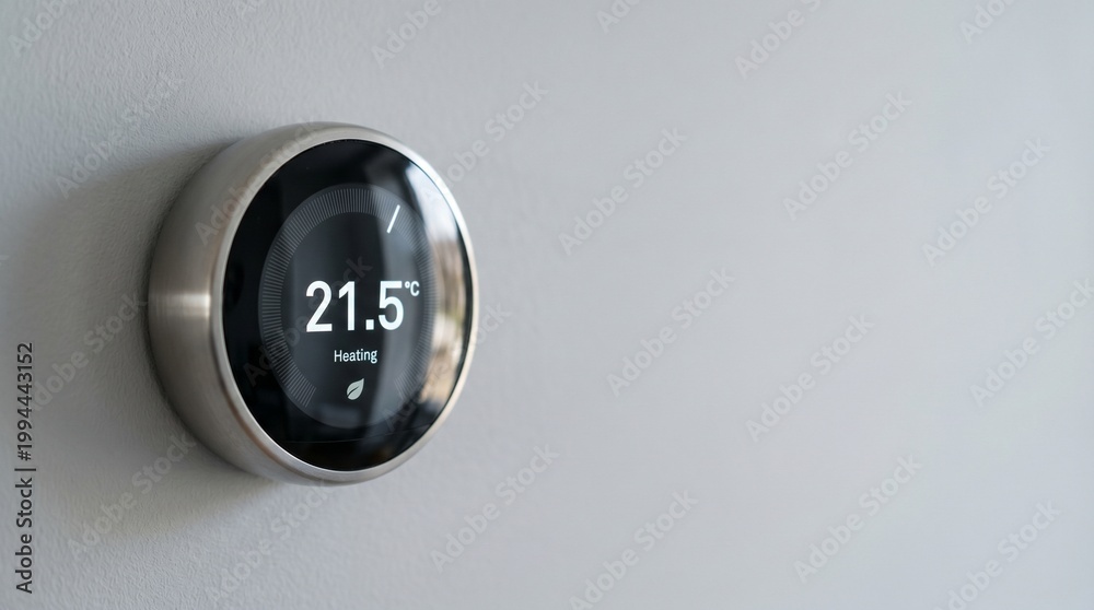 Fototapeta premium Smart home thermostat showing 21.5 degrees Celsius on wall. Energy saving heating system with eco leaf icon. Modern digital climate control for sustainable indoor temperature management.