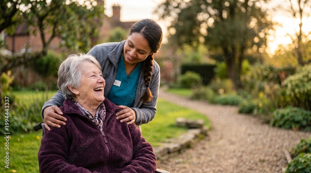 Fototapeta premium Smiling female caregiver supporting happy elderly woman in wheelchair at autumn park. Professional geriatric nurse or social worker assisting senior patient during outdoor walk.
