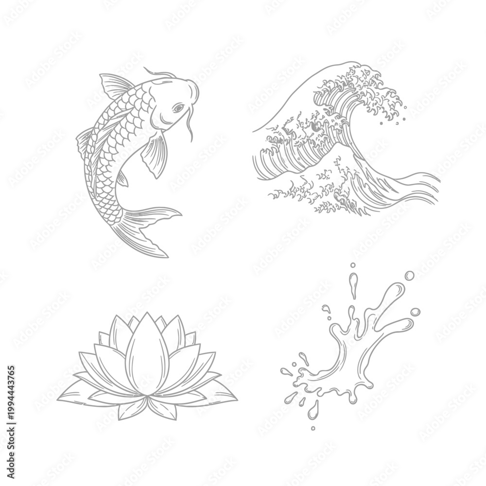 Obraz premium Elegant vector illustrations of koi fish wave lotus and water splash elements