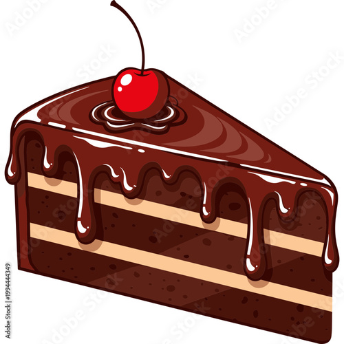 A slice of chocolate cake with cherry on top is displayed prominently.
