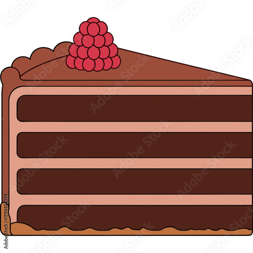 The illustration shows a slice of chocolate cake with pink filling and raspberries on top.