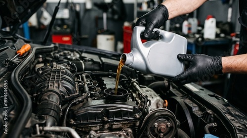 Close up of mechanic hands in gloves pouring fresh engine oil into car during scheduled maintenance service in automotive workshop, professional vehicle repair and care concept