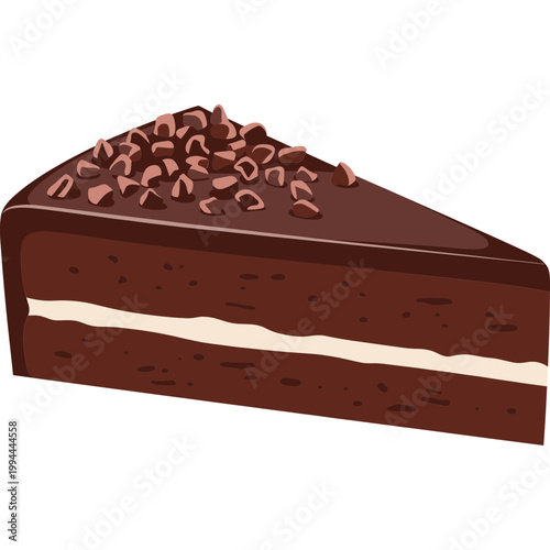 A delicious slice of chocolate cake with cream filling and chocolate shavings on top is presented.
