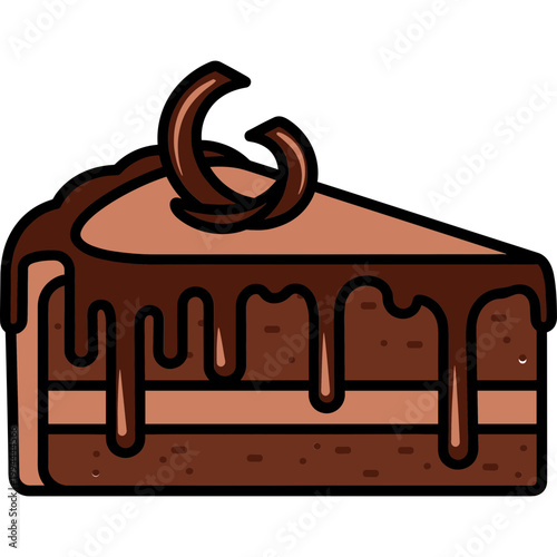 A delicious chocolate cake slice with chocolate frosting is displayed.