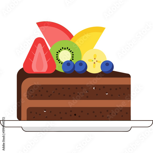 A delicious chocolate cake with fresh fruit on top is served on a plate.