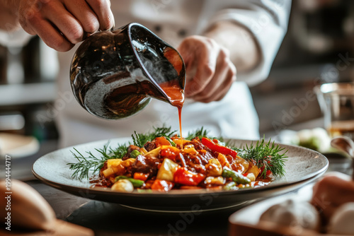 Chef preparing gourmet dish with sauce on a plate in restaurant kitchen