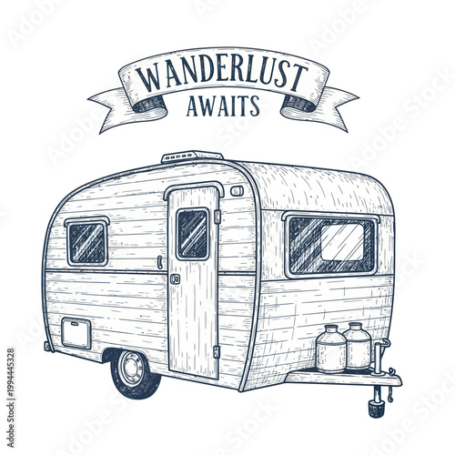 Retro Caravan Illustration with "Wanderlust Awaits" Banner - Vintage Travel