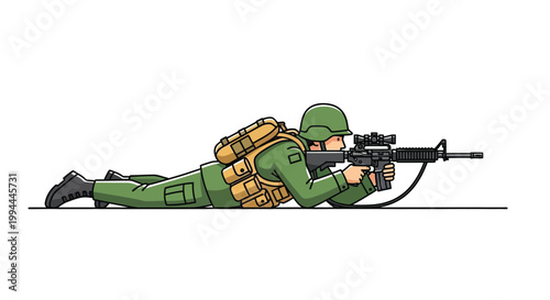 Foto A cartoon illustration depicts a soldier lying prone aiming an assault rifle wit