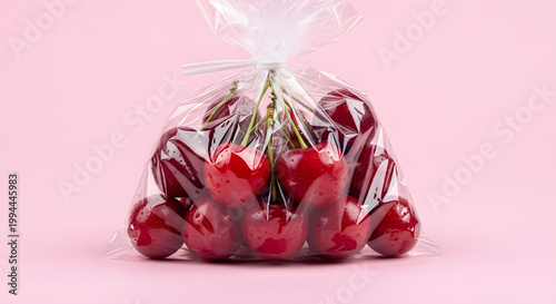 Fresh cherries are packed in a clear plastic bag on pink background