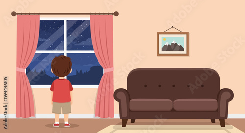A young boy stands looking out a window at a nighttime landscape with mountains and stars