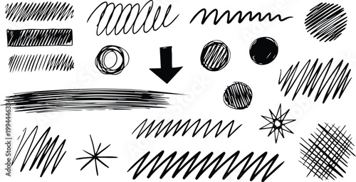 Hand-drawn black ink scribbles, shapes, lines, and arrow on a white background doodle