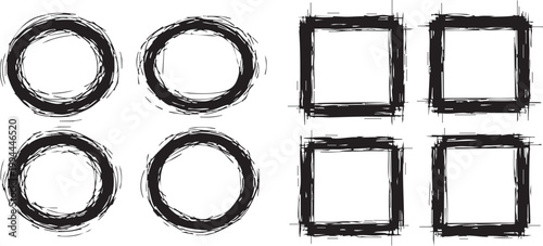 Set of hand-drawn black ink circles and squares with rough, scribbled, grunge texture edges