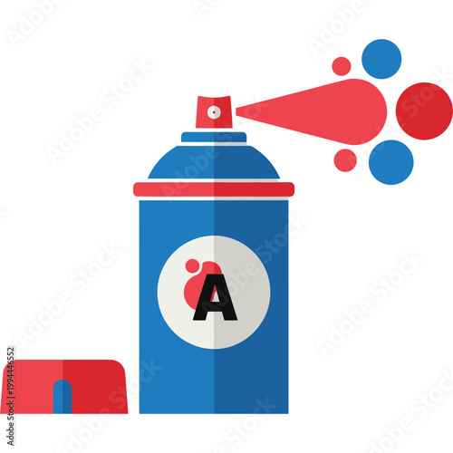 A blue spray can with red cap spraying colorful dots