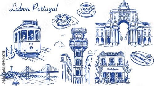 Lisbon Portugal Travel Illustration Set with Tram, Santa Justa Lift, Rua Augusta Arch and 25 de Abril Bridge