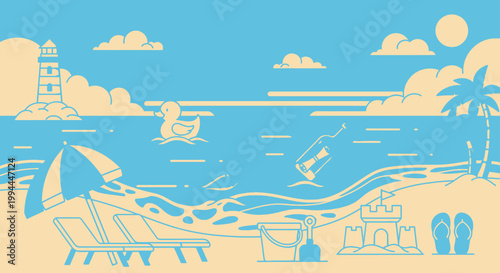 Beach scene with lighthouse duck message in a bottle umbrella and palm tree