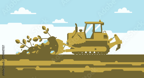 Bulldozer leveling land with tree in flat illustration against blue sky