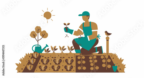 Gardener planting in garden with sun illustration vector design