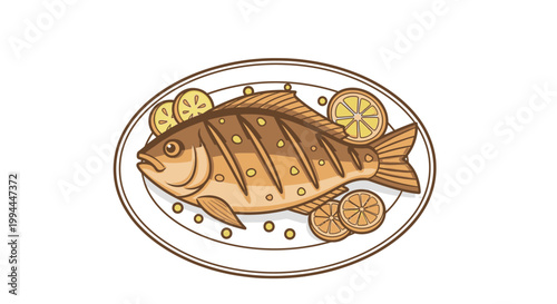 Grilled fish with lemon slices on a plate illustration isolated on white