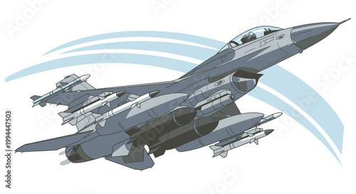 Modern jet fighter aircraft flying in sky with weaponry detailed vector
