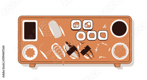 Overhead view of sushi and ingredients on a wooden tray isolated