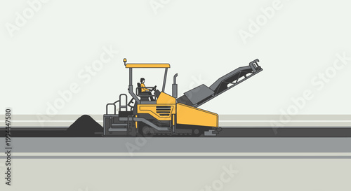 Road construction equipment working on asphalt surface vector illustration
