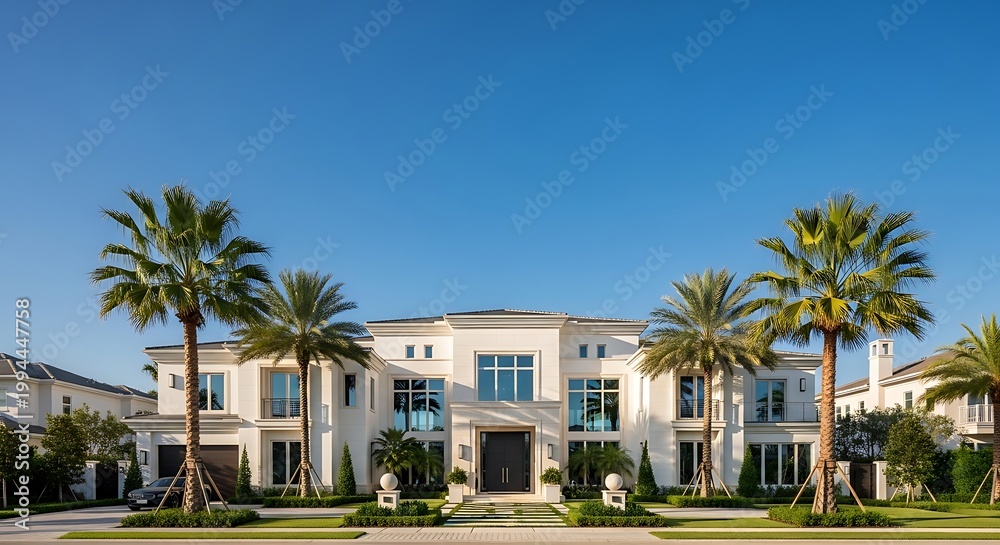Fototapeta premium Luxurious modern house with palm trees in a tropical setting with clear blue sky