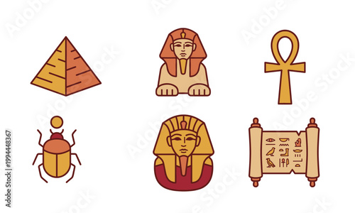 Ancient Egyptian flat icon collection featuring pyramid, Great Sphinx, Ankh cross, scarab beetle, Tutankhamun pharaoh mask, and papyrus scroll with hieroglyphics