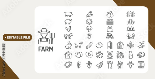 Farming web icons in line style. Agriculture, planting, fertilizer, vegetables, tractor, farmers, fence, farm buildings, collection. Editable stroke. Vector illustration.