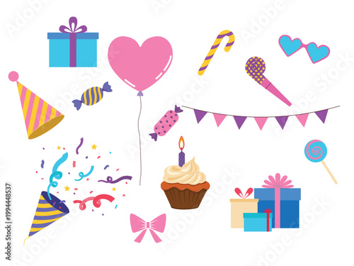 Party supplies - party hats, balloons, confetti, gifts, candies, bunting, party blowout, cake, glasses. Flat vector illustration isolated on a white background