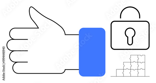 Security concept. a thumbs-up gesture paired with a lock and puzzle pieces. Security promoted through collaboration and positive solutions. For cybersecurity, teamwork, safe design, communication