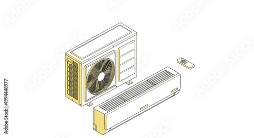 An exploded view diagram showcasing the components of a split system air conditioning unit