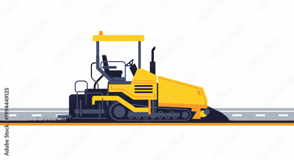 Obraz premium Asphalt paver machine laying road surface vector illustration isolated