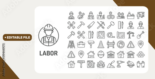 Labor web icons in line style. Labor day, construction, worker, gear, job, collection. Vector illustration.